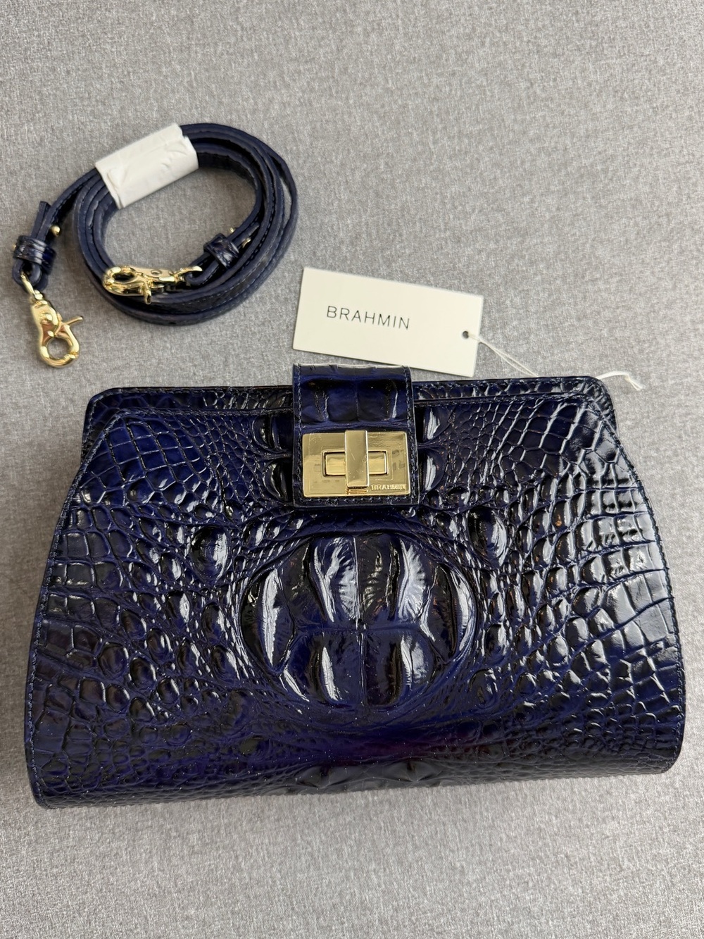 Brahmin Alena Croc Embossed Blue Leather Crossbody Bag New